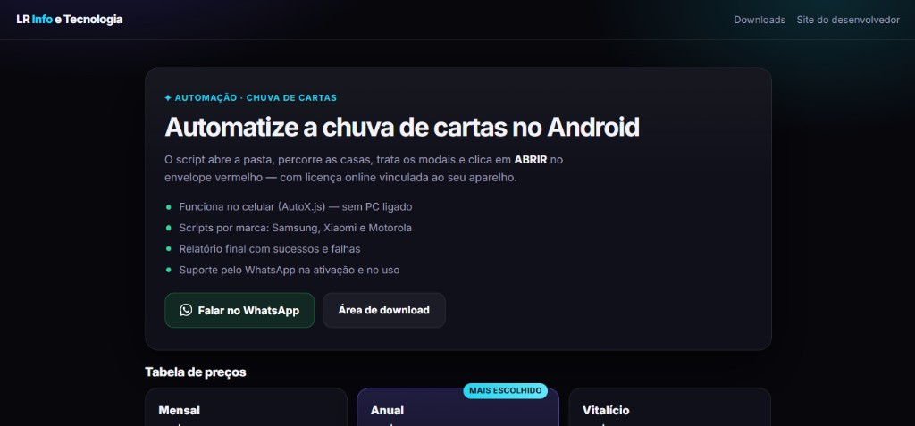 Página da Automação Android — Chuva de Cartas da LR Info e Tecnologia