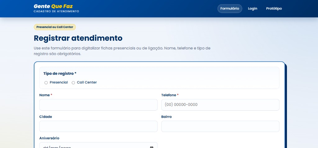 Formulário de cadastro de atendimento — Gente Que Faz